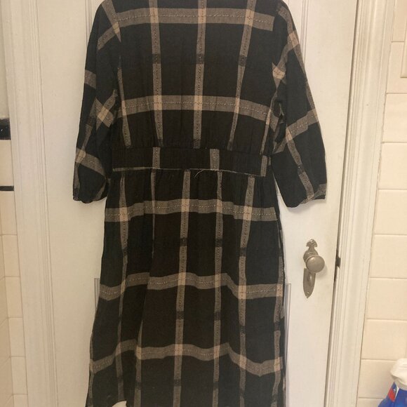 Polagram Black Tan Plaid Embroidered Puff 3/4 Sleeve Modest Midi Dress (Copy) - Picture 6 of 7